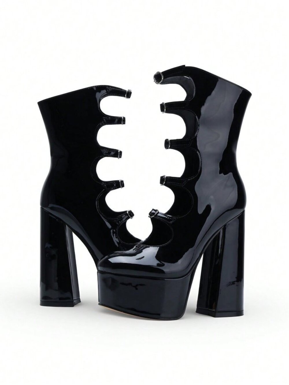 Black  Women's  Round Toe Cut-Out Platform Chunky Heel Buckle Straps Ankle Boots - Picture 6 of 7